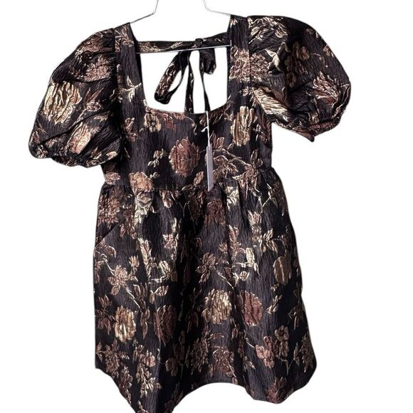 Sophie the Label Gold Puff Sleeve Metallic Jacquard Mini Dress S NWT - Picture 3 of 6